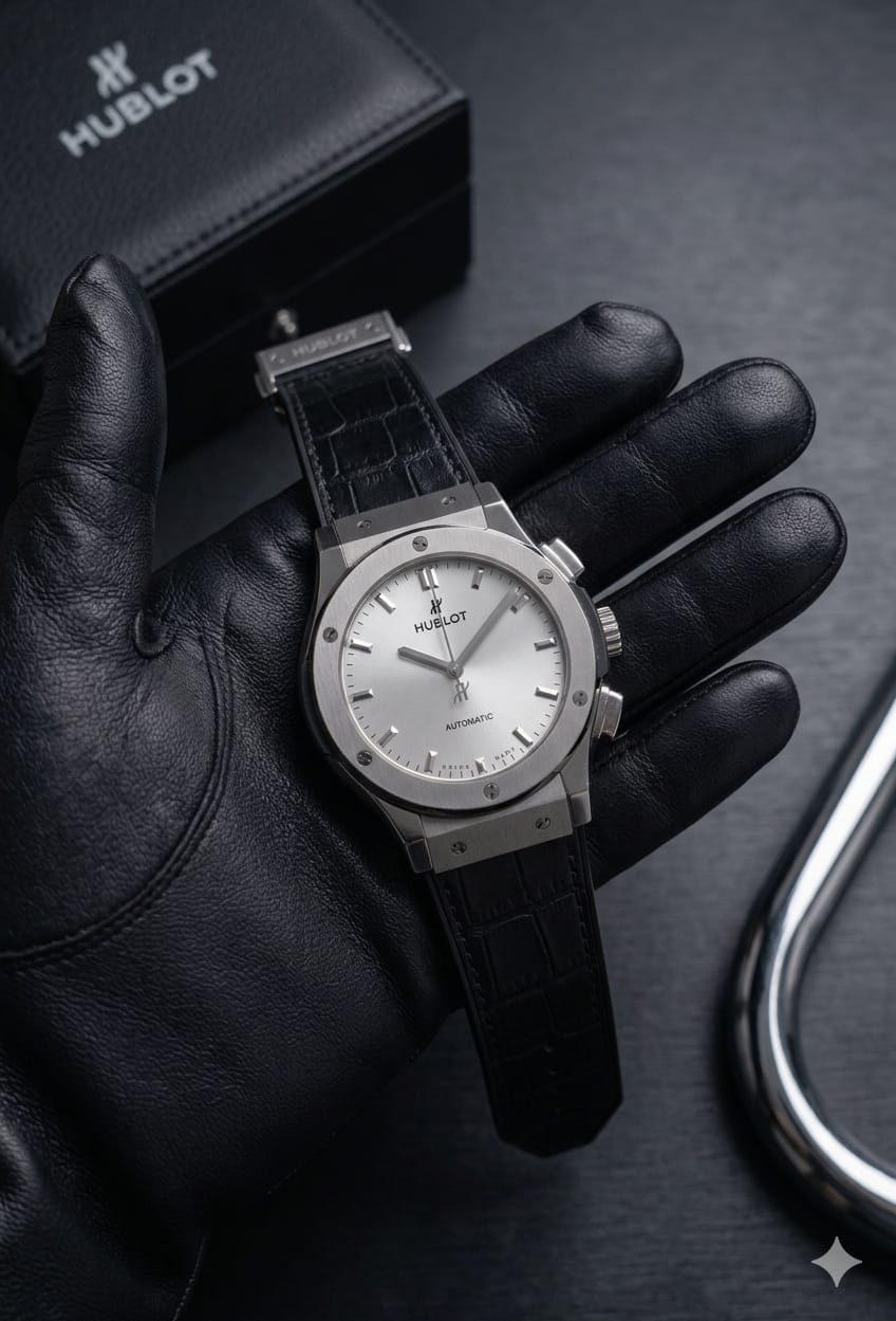 Hublot Luxury Silver Dial Men’s Watch with Premium Black Leather Strap – Stylish & Elegant Wrist Watch