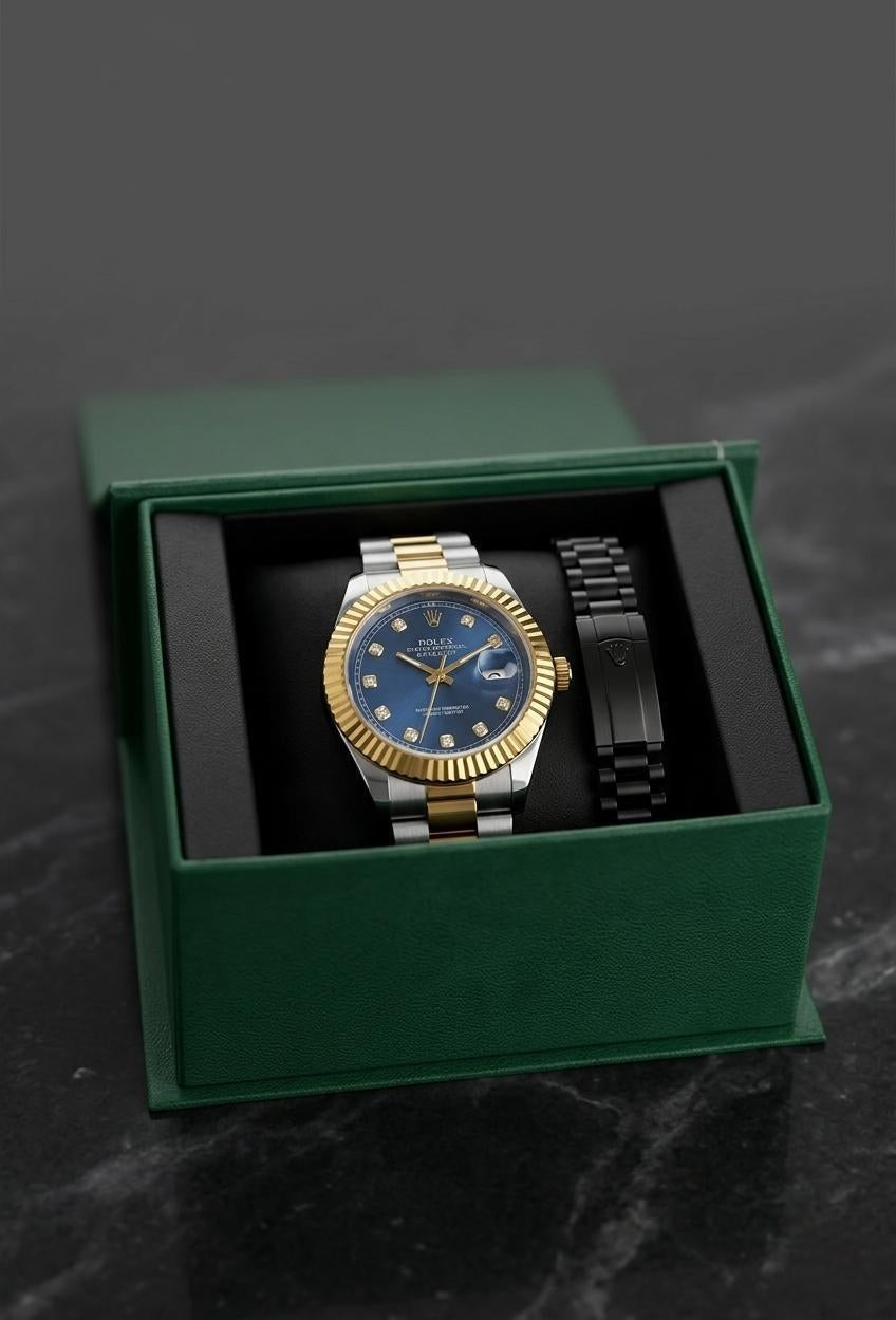 Luxury Men's Two-Tone Royal Blue Dial Watch with Matching Black Oyster Bracelet Set
