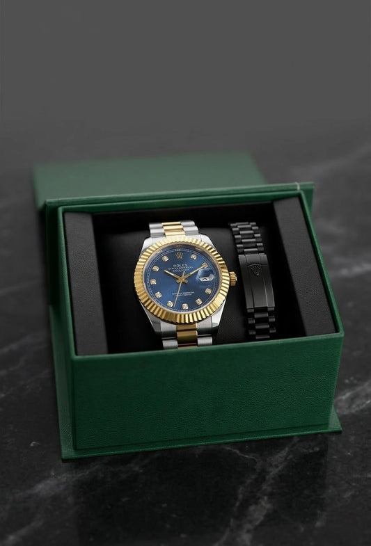 Luxury Men's Two-Tone Royal Blue Dial Watch with Matching Black Oyster Bracelet Set