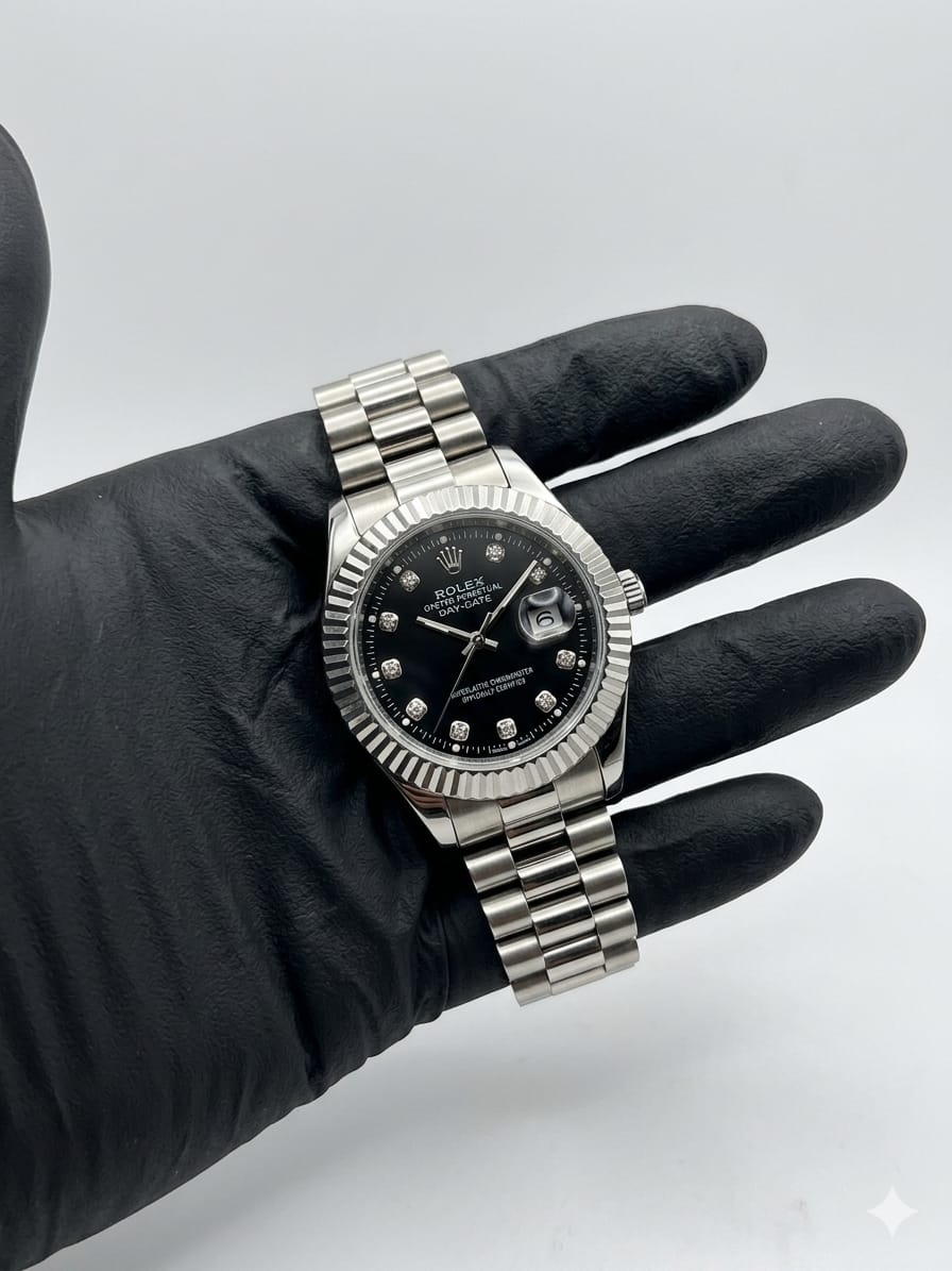 Rolex Pure Black And Silver Stainless Steel Watch – Premium Design