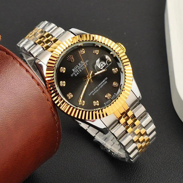 Luxury Pure Golden Silver Black Dial lining Stainless Steel Watch – Premium Design