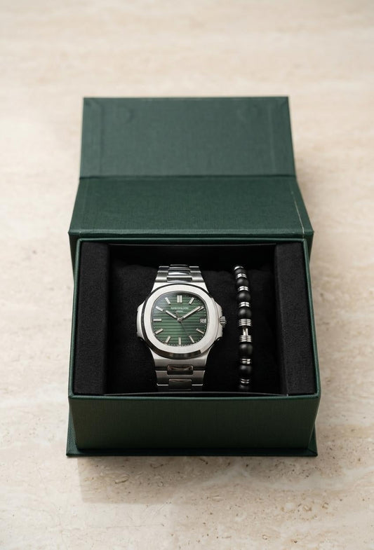 Executive Emerald Green Dial Silver Watch with Matching Black Beaded Bracelet Set